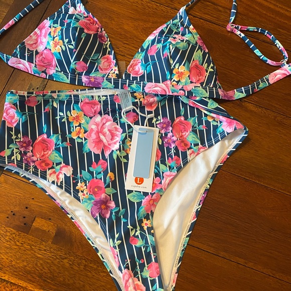 Floral Strips high waist Bikini Size large NWT - Picture 5 of 6